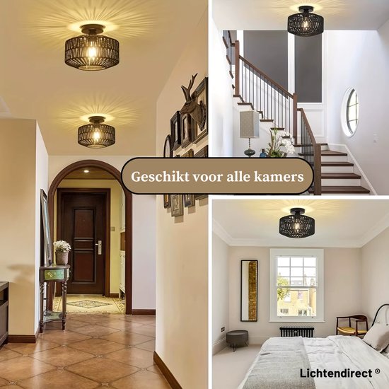 Montage van zwarte gevlochten lampen in een gang, trap en slaapkamer.