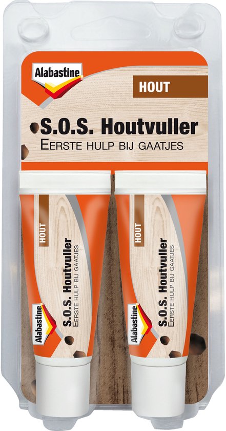 Verpakking met twee tubes Alabastine S.O.S. Houtvuller, HOUT, Eerste hulp bij gaatjes.