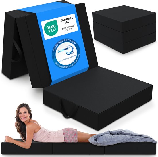 Matras pliant ELONEO - Matelas pliant 3 pièces, mousse Extra épaisse de 15 cm, matelas d'appoint lavable et portable pour Adultes, lit simple (Zwart, 75 x 195 x 15 cm)