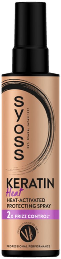 Syoss Keratine Heat-Activated Protecting Spray in een gouden fles met zwarte letters.