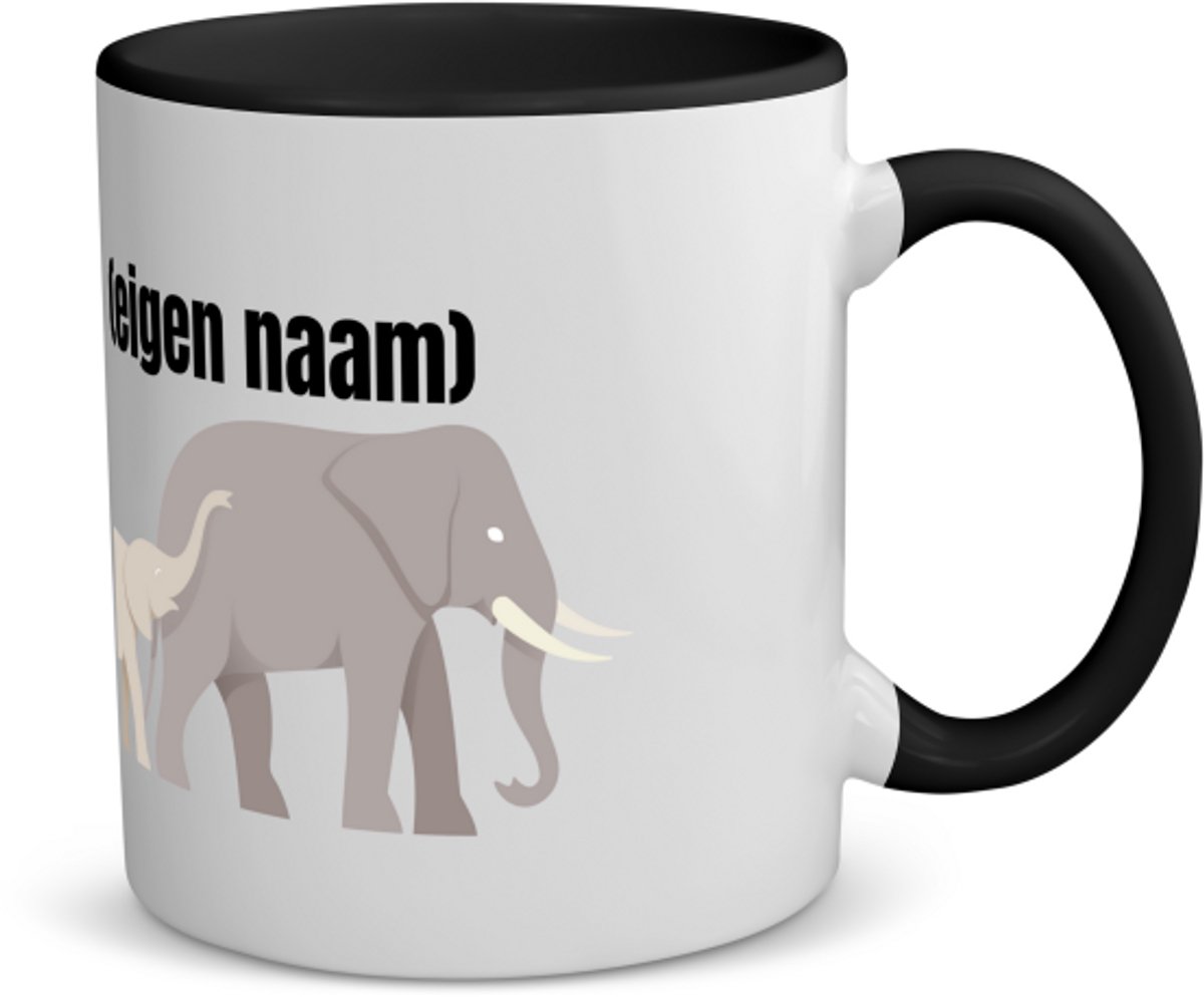 Akyol - olifant en kleine met eigen naam koffiemok - theemok - zwart - Olifant - dieren liefhebber - iemand die houdt van olifanten - verjaardag - cadeau - kado - geschenk - 350 ML inhoud