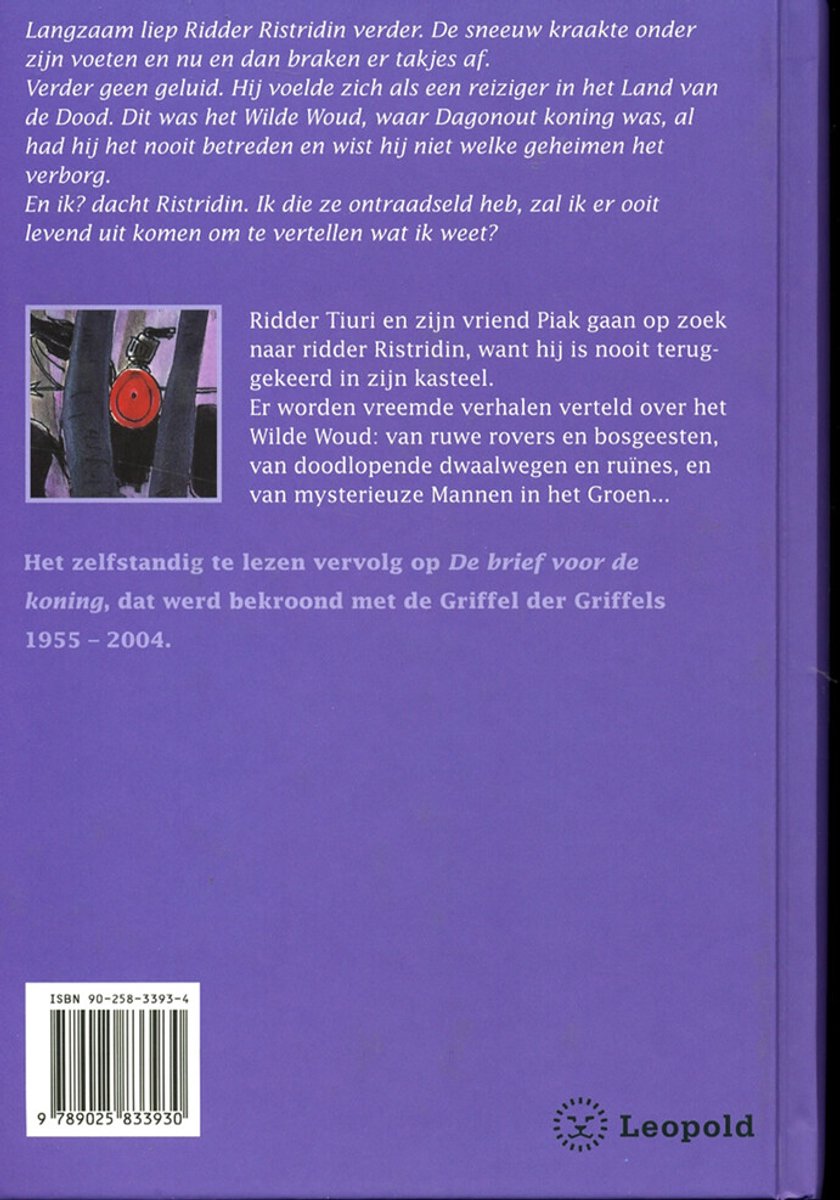 Achterkant van het boek 'Geheimen van het Wilde Woud' met tekst en een kleine afbeelding van het bos.