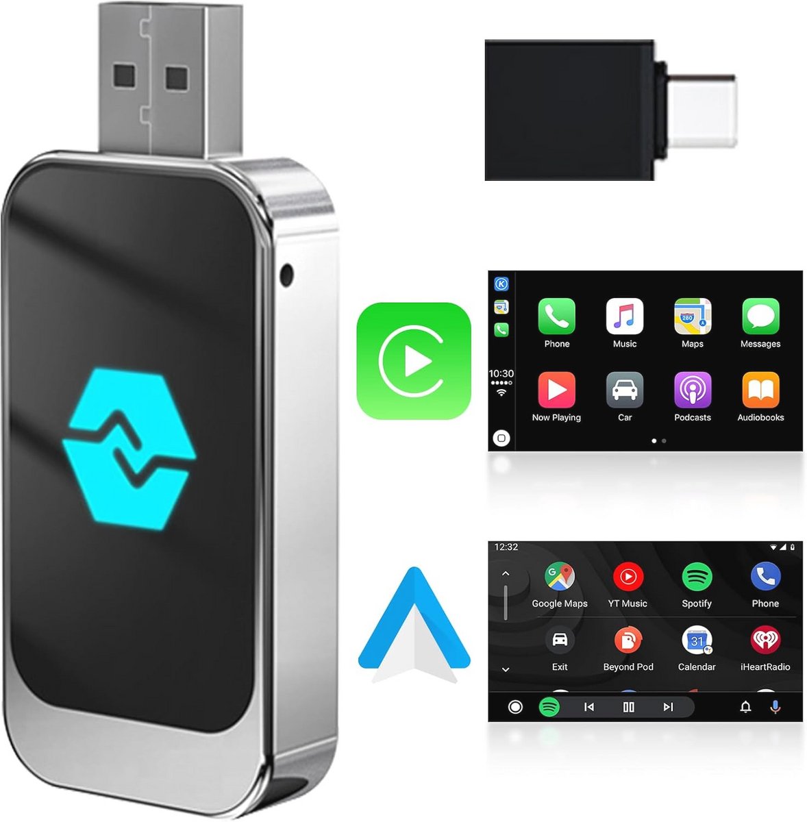 Draadloze Android Auto en Carplay Adapter - Converter voor Bekabelde Verbindingen naar Draadloos - Plug and Play voor iOS 10+ en Android 11+