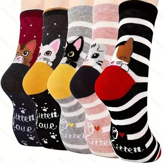 5 paires de Chaussettes Fashion - Taille universelle 35-40 - Chaussettes pour femmes - Chaussettes colorées avec un joli chat - Chaussettes décontractées en coton
