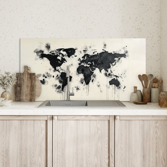Spatscherm keuken 90x45 cm - Kookplaat achterwand Wereldkaart - Zwart - Inkt - Muurbeschermer - Spatwand fornuis - Hoogwaardig aluminium