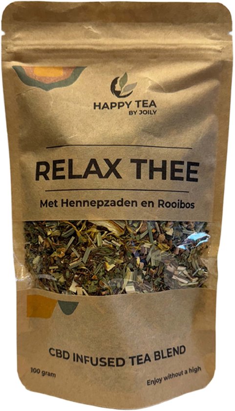Bruine papieren zak met 'Relax Thee' erop, gevuld met hennepzaden en rooibos.
