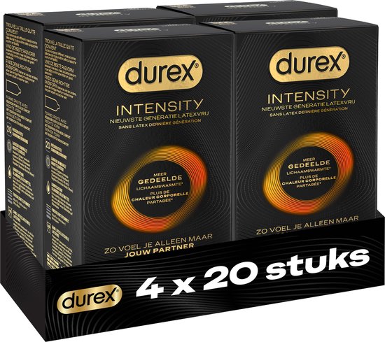 Doos met 4 verpakkingen Durex Intensity condooms, 20 stuks per verpakking.
