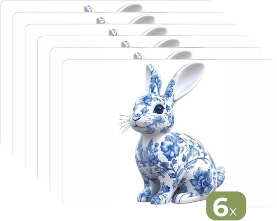 Placemats - 6 stuks - 45x30 cm - Placemat kunststof - Delftsblauw - Haasje - Wit - Borden onderleggers - Decoratie voor op tafel - Keuken tafeldecoratie accessoires - Vinyl onderlegger - Tafelversiering - Pasen - Paasdecoratie - Paas versiering