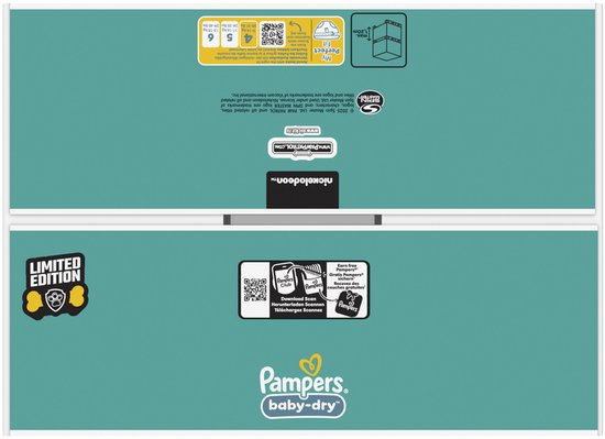 Pampers Baby-Dry luier met Paw Patrol design. De luier heeft een Stop & Protect Pocket.
