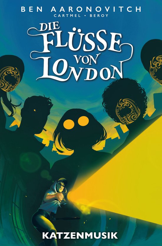 Comiccover Die Flüsse von London: Katzenmusik met silhouetten, gloeiende ogen en een zaklamp in het blauw en geel.