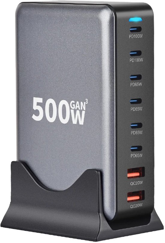 500W USB C Snellader - 8 Poorts - Desktop Oplader - 100W PD Fast Charging - Geschikt voor iPhone, iPad, Samsung, Laptop en Tablet - Staza
