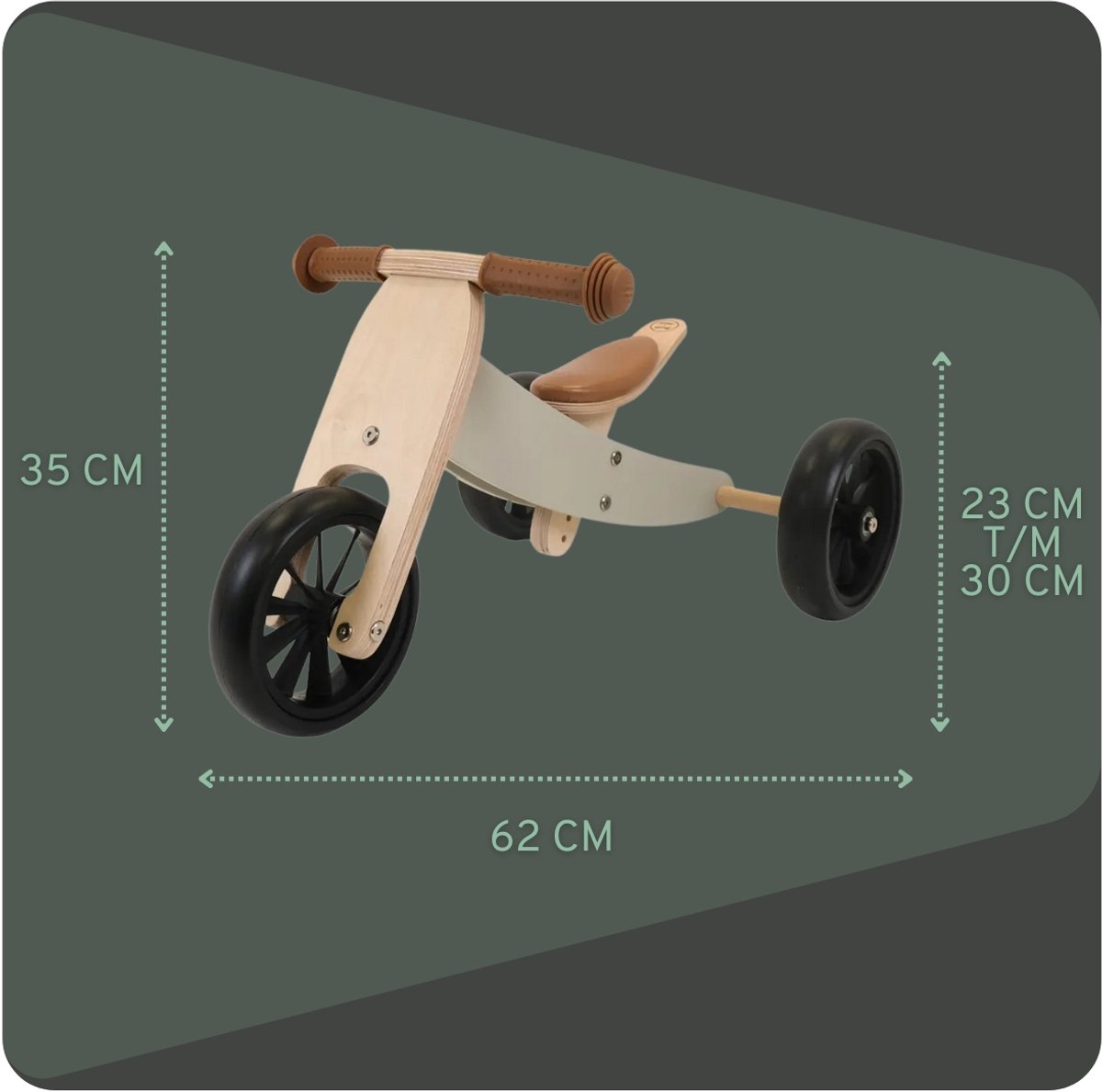 Bandits & Angels Smart Bike Loopfiets Hout 4-in-1 Groen vanaf 1 jaar - Voor Jongens en Meisjes - Houten Loop Fiets Olijfgroen - Omkeerbaar in Driewieler en Tweewieler - Verstelbaar Zadel — afbeelding 7
