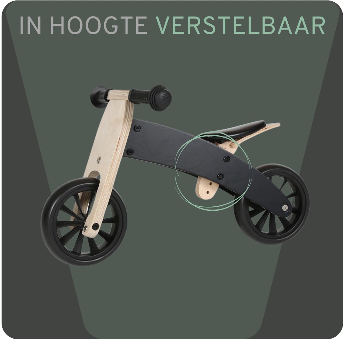 Bandits & Angels Smart Bike Loopfiets Hout 4-in-1 Zwart vanaf 1 jaar - Voor Jongens en Meisjes - Houten Loop Fiets - Omkeerbaar in Driewieler en Tweewieler - Verstelbaar Zadel — afbeelding 4