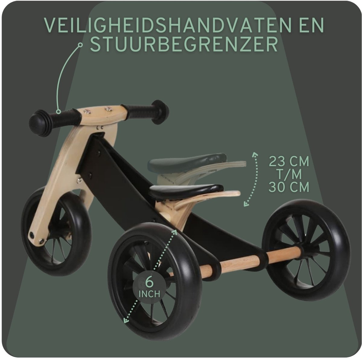 Bandits & Angels Smart Bike Loopfiets Hout 4-in-1 Zwart vanaf 1 jaar - Voor Jongens en Meisjes - Houten Loop Fiets - Omkeerbaar in Driewieler en Tweewieler - Verstelbaar Zadel — afbeelding 2