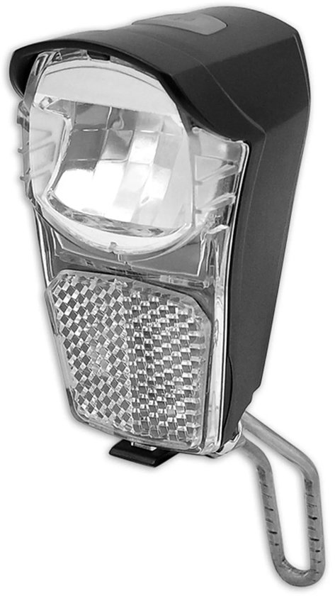 Zwarte fietslamp met "Standard Battery", "20 LUX" en StVZO-goedkeuring.