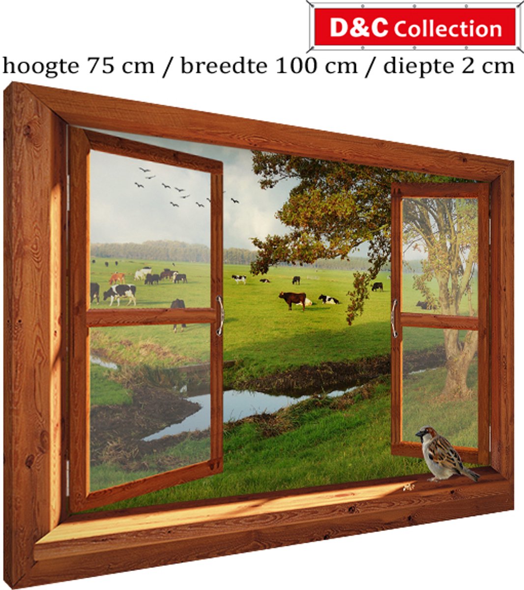 D&C Collection Tuinposter doorkijk bruin venster voor buiten - 75x100x2 cm - tuindoek op houten frame - bruin venster - koeien - weiland - mus - tuindecoratie - buiten - tuinschilderij bruin, groen, lichtblauw