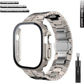 【Voordeelbundel】Stravo RVS Ultra bandje Titanium Kleur + Sterke Horlogekast met Glas + Horlogebandje Aanpasser – Geschikt voor Apple Watch Ultra 1/2/3 (49mm) – Luxe Titaniumkleurige Metalen bandje en Horlogekast voor een Ultra-look