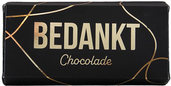 Zwarte chocoladeverpakking met "BEDANKT" en gouden lijnen.