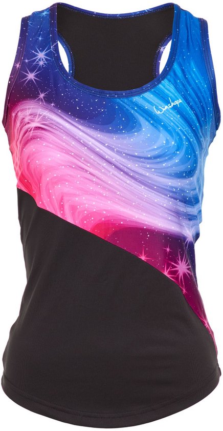 Sporttop met een print van een blauwe, roze en paarse sterrennevel en zwarte onderkant.