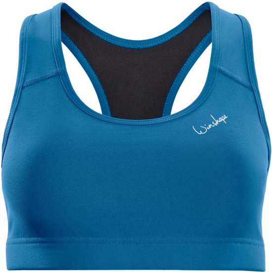 Blauwe sport-bh met racerback en logo, donkergrijs binnenwerk.
