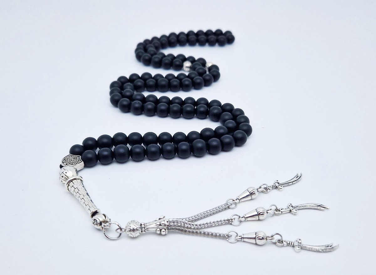 Handgemaakte tesbih "Tasbih" natuursteen "Mat zwart onyx" - Aantal kralen 99 - Diameter kralen 8MM - met metaal tassel "Hoefijzer" - Een mooi cadeau-idee
