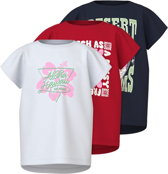 NAME IT NKFVIOLET 3P CAPSL TOP Meisjes T-shirt - Bright White Chinese Red + Navy Blazer