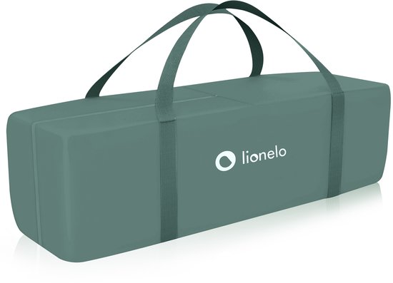 Een groene draagtas met handvatten voor een Lionelo campingbedje.