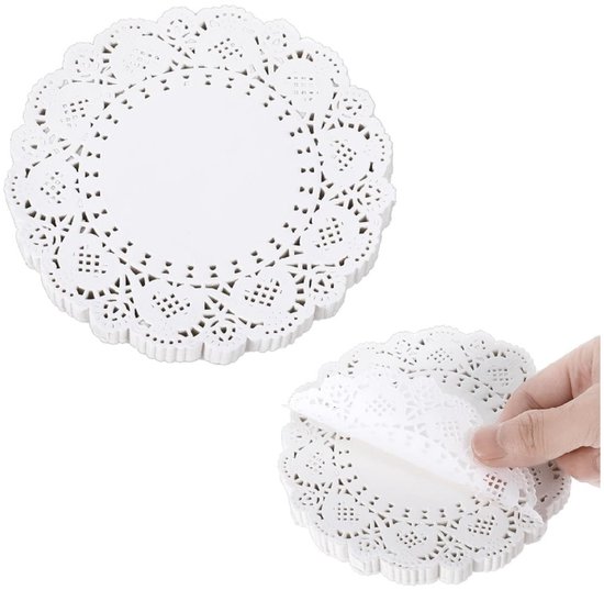 140 feuilles - Sets de table ronds en papier blanc de 14 cm - Coquilles Saint-Jacques en dentelle rustique - Assiettes à dessert - Pour gâteaux, travaux manuels, fêtes, mariages (blanc)