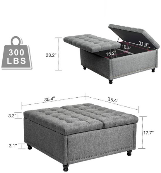 Mygroot - Pouf avec rangements spacieux - Grand banc de rangement carré - Table basse tapissée - Banc de rangement avec plateau rabattable - Textile capitonné pour le salon.