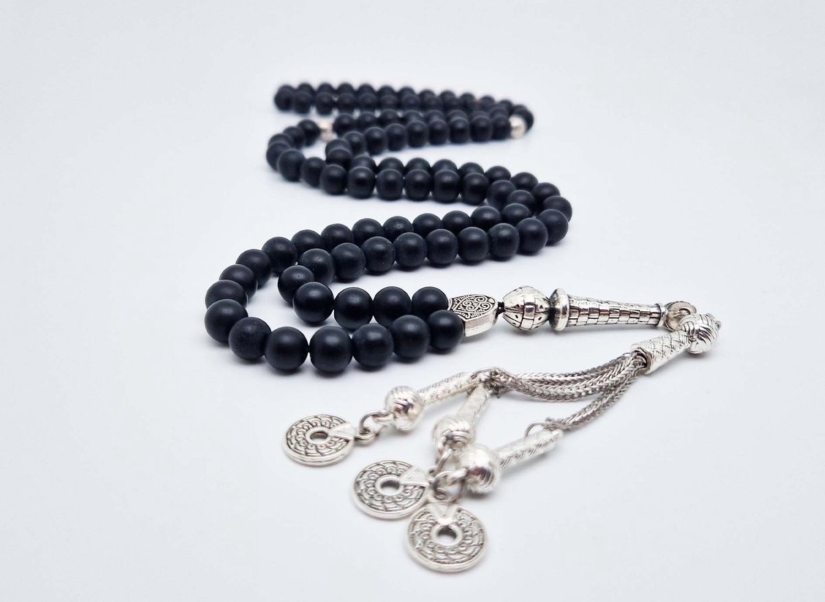 Handgemaakte tesbih "Tasbih" natuursteen "Mat zwart onyx" - Aantal kralen 99 - Diameter kralen 8MM - met metaal tassel "Cirkels" - Een mooi cadeau-idee