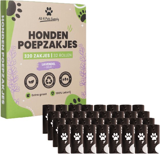 Doos met 320 lavendel geurende poepzakjes in 32 rollen, met pootafdrukken.