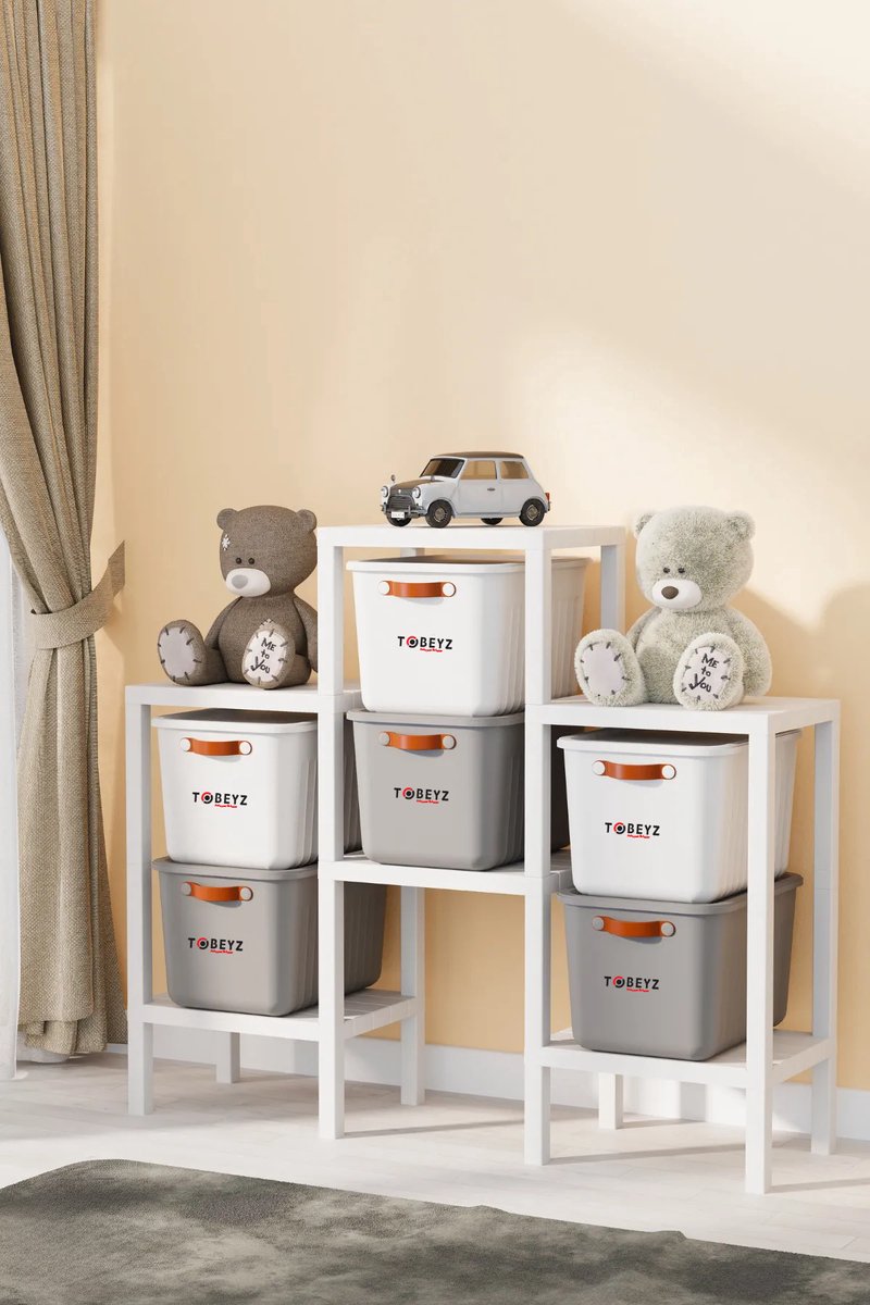 Tobeyz - Opbergbox - Opbergrek - 6-laags Opbergrek + 6x 15L Opbergboxen - Nestelbaar en Stapelbaar – Ideaal voor Badkamer, Keuken en Speelgoedopslag - Wit en Grijs