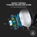 Witte gaming headset, detail van de driver met de tekst 'TRIPLE DRIVERS'.