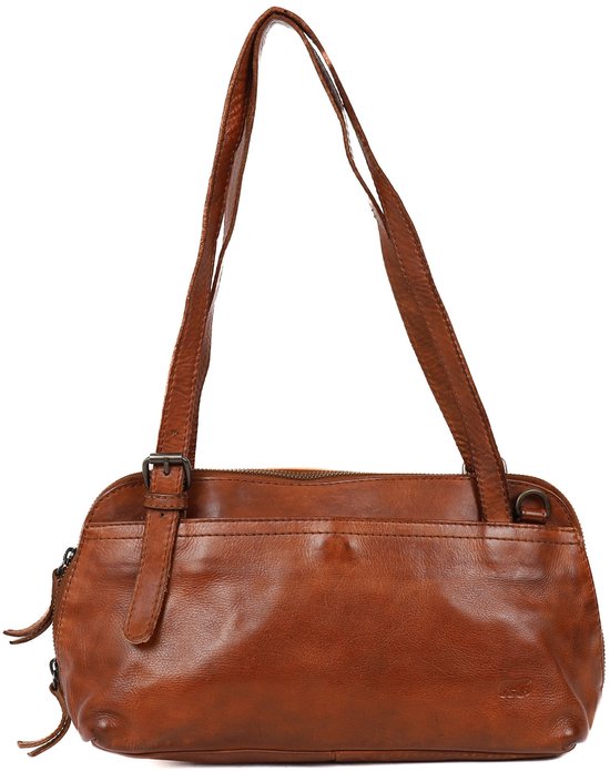 Sac bandoulière en cuir marron avec poches zippées et bretelles réglables.
