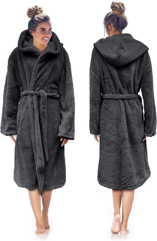 LINNICK Teddy Fleece Badjas met Capuchon inclusief Teddy Tas - Dark Grey - L - Badjas Dames - Badjas Heren