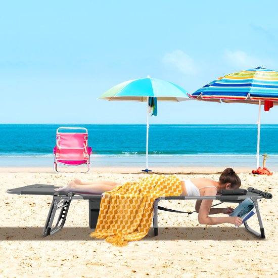 COSTWAY Zonneligstoel met gezichtsopening, opvouwbare ligstoel met verstelbare rugleuning en voetensteun, afneembaar kussen, zijzak, ligstoel voor strand, tuin, balkon, grijs van Costway — afbeelding 5