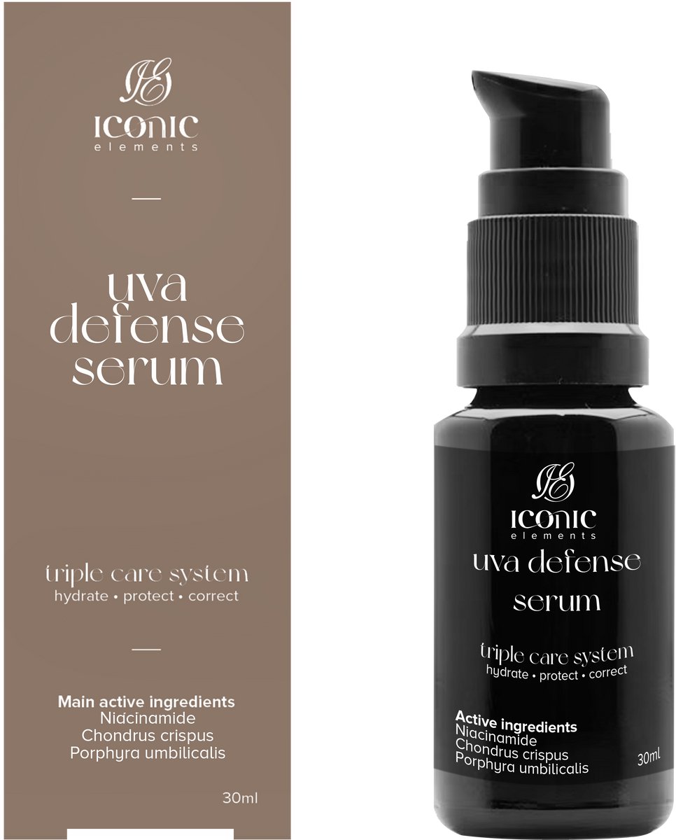Iconic Elements huidverzorging - UVA Defense serum - 30 ml dispenser - Hyaluronzuur met Porphyria Umbilicalis (Natuurlijke UVA filter) - Niacinamide - Crispus Chondrus, voor een gehydrateerde, egale en weerbare huid.