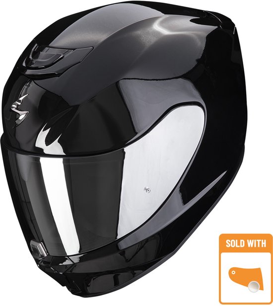 Casque intégral noir brillant avec visière, avec étiquette "Vendu avec".