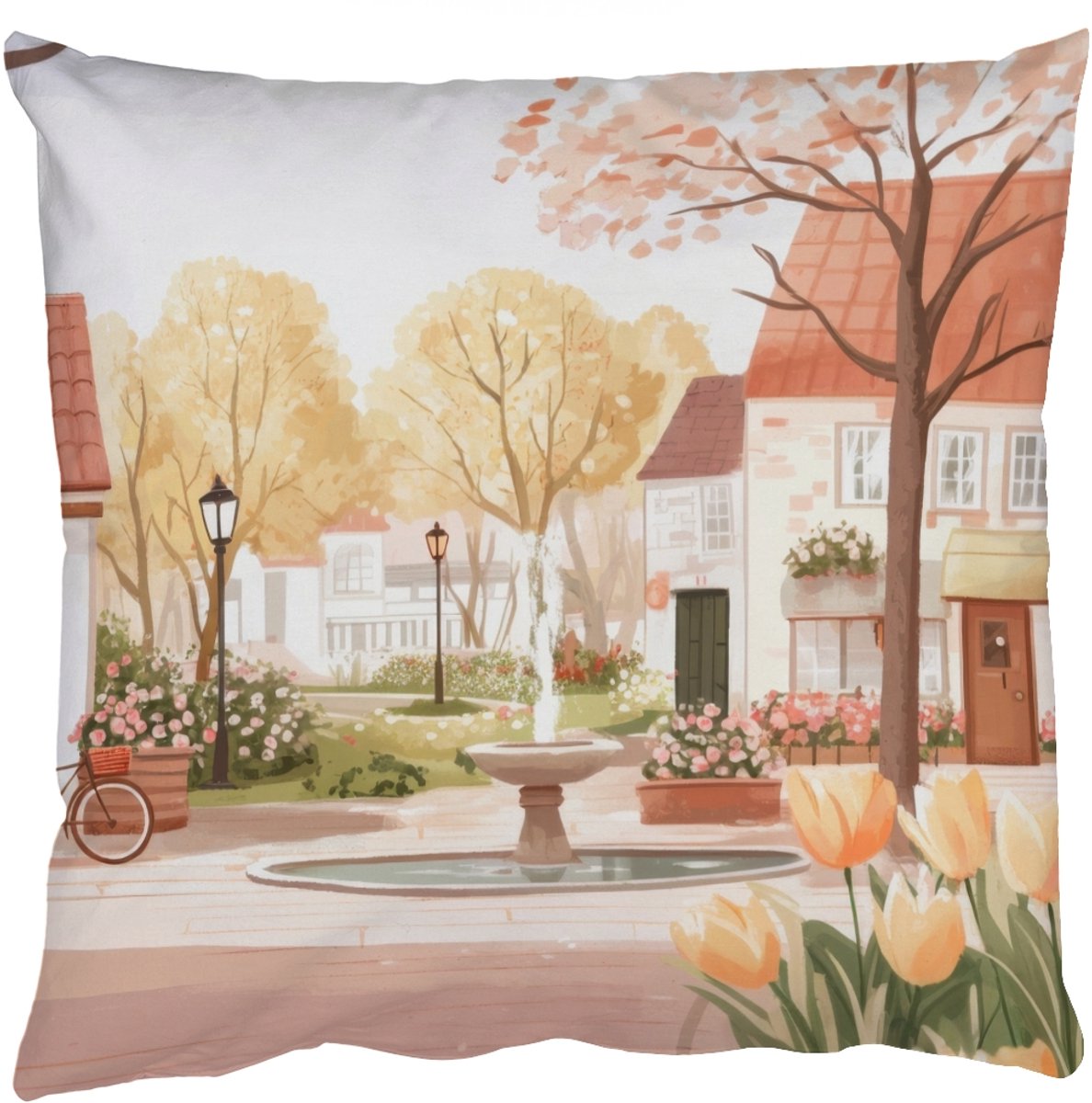 Sierkussens - Kussentjes Woonkamer - 40x40 cm - Dorpsplein - Fontein - Tulpen