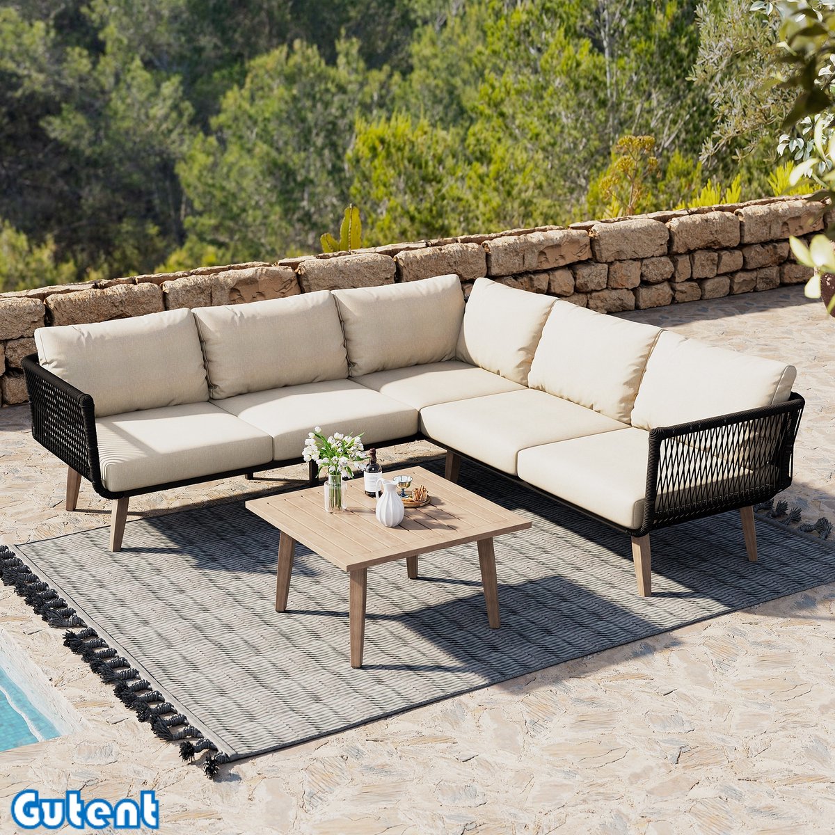Gutent Tuinmeubelset - Sofa + Salontafel - Buisvormig gegalvaniseerd staal - Olefin - Woodgrain tafelblad - Geweven touw - Beige + Zwart