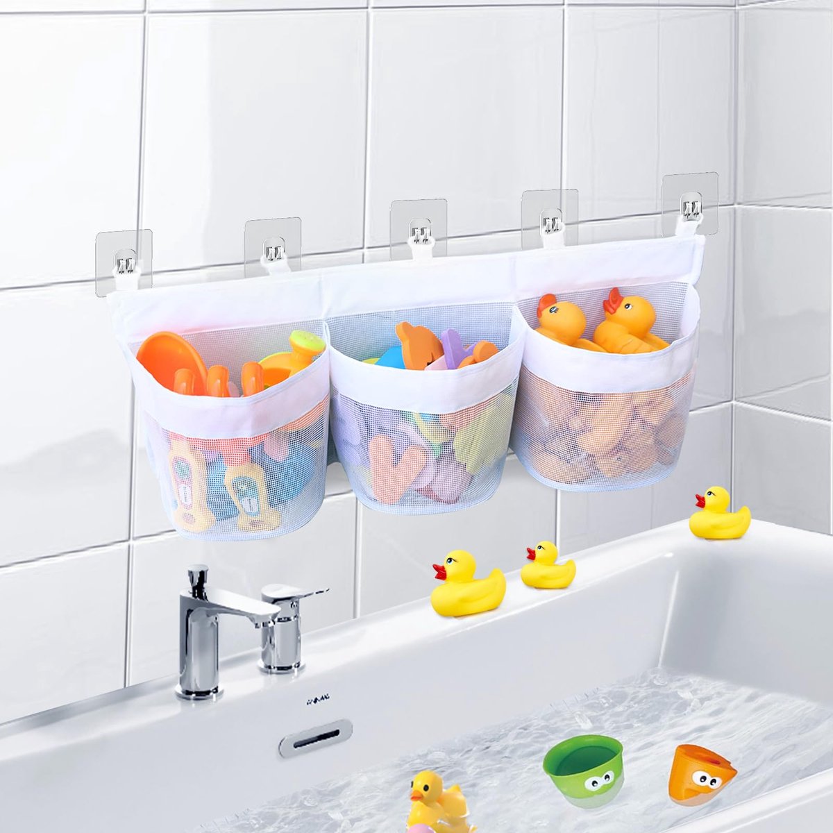 My Ninki ® Praktische Hangende Bad Organizer voor Badspeelgoed met 3 Ruime Vakken en 5 Sterke Haken