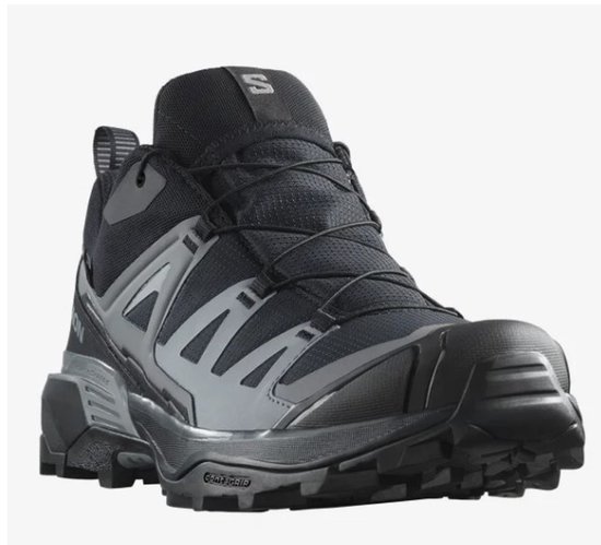 Voor- en zijkant van een zwarte Salomon X Ultra 360 GTX wandelschoen.