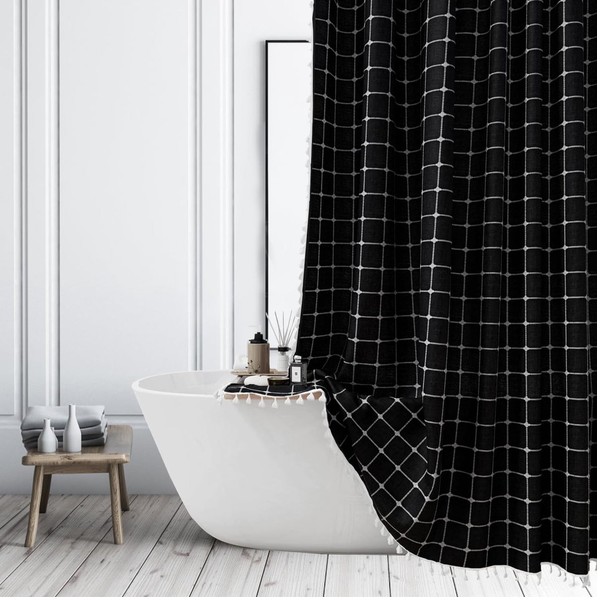My Ninki ® Zwart Boho Douchegordijn met Ruitpatroon en Kwastjes voor Stijlvolle Badkamers