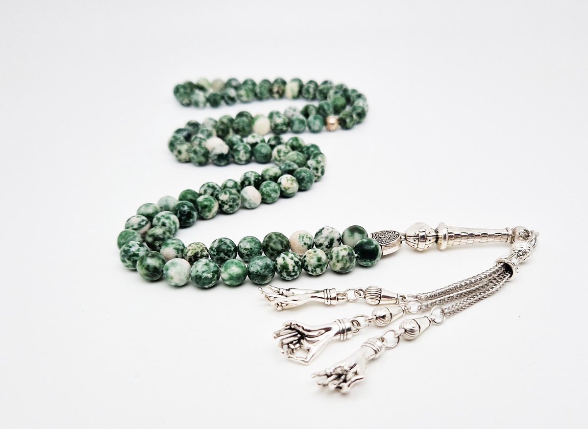 Handgemaakte tesbih "Tasbih" natuursteen "Qinghai hade" - Aantal kralen 99 - Diameter kralen 8MM - met metaal tassel "Palm" - Een mooi cadeau-idee