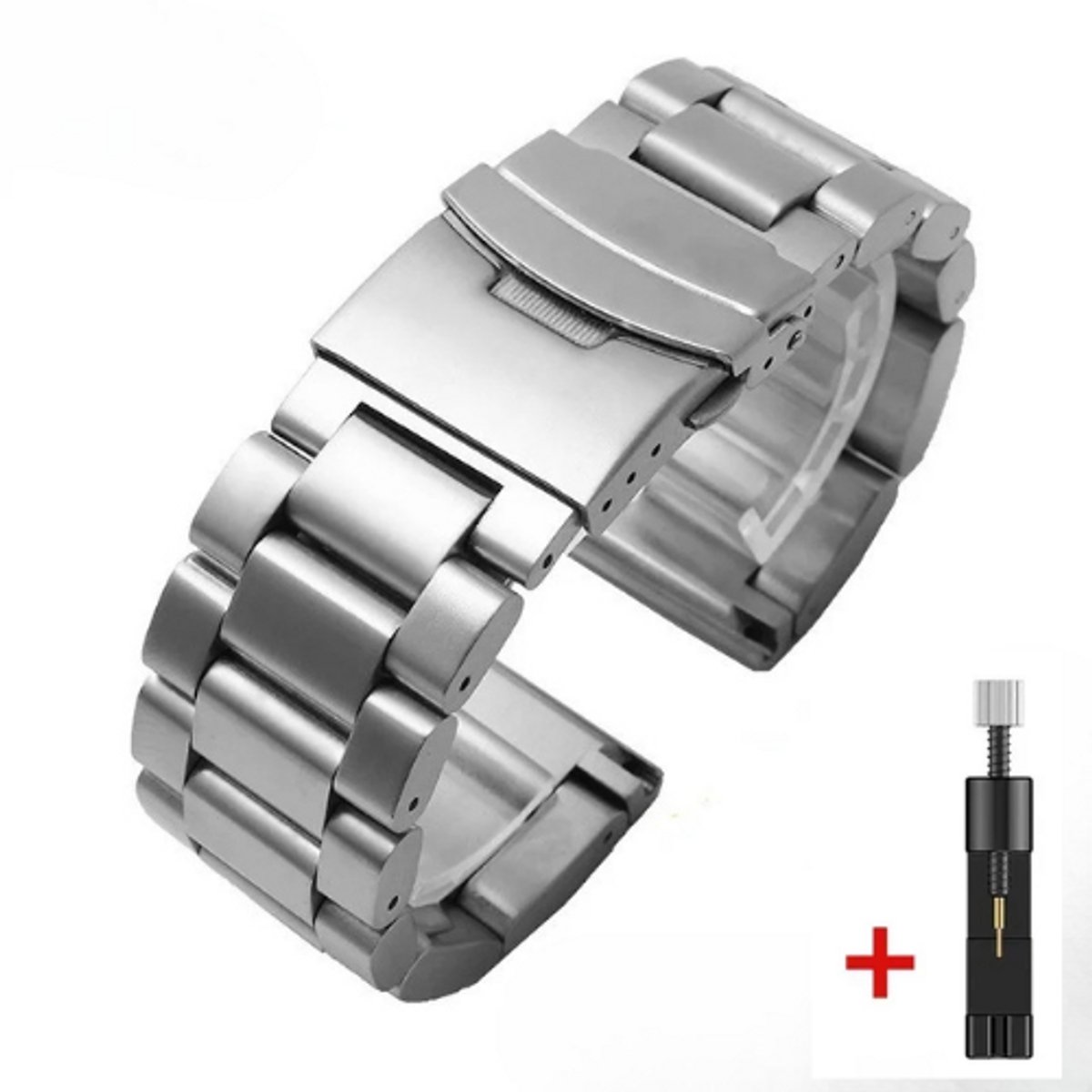 DrPhone ELITE - Metalen 24mm Horlogeband - Druk sluiting - Universeel + Aanpaskit - Zilver