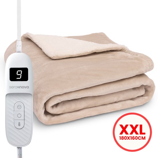 Seranova Elektrische Bovendeken XXL - 180x160 cm - 2 persoons Elektrische Deken - Warmtedeken - Dubbelzijdig Fleece Sherpa - Crème beige