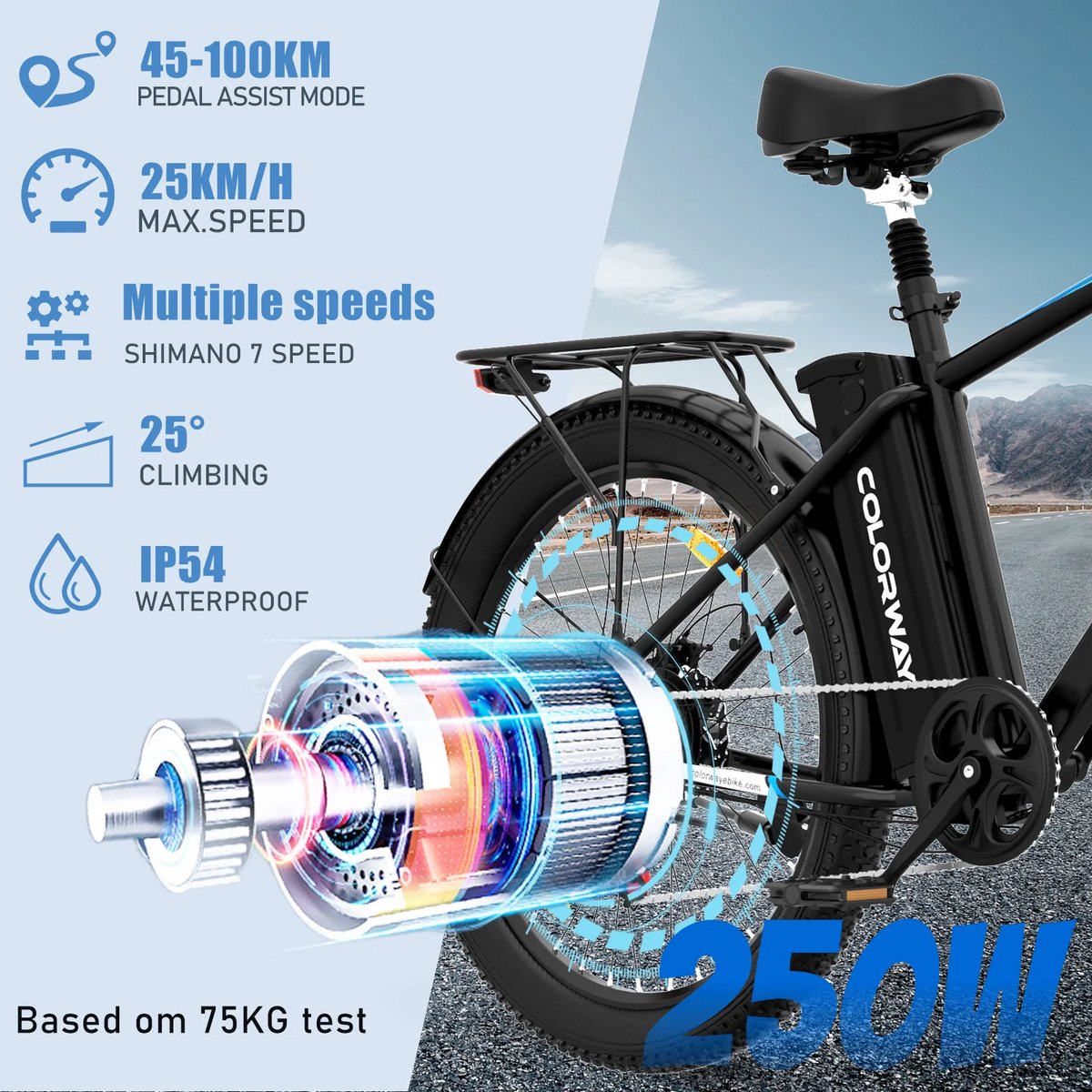 Colorway Elektrische Fiets BK3MS - Trendy 26*3.0 Inch Mountain EBike met Afneembare 36V 15Ah Lithium Batterij - City Commuter E-Bike met 250W Motor - 7 Versnellingen - IP54 Waterdicht – foto 5