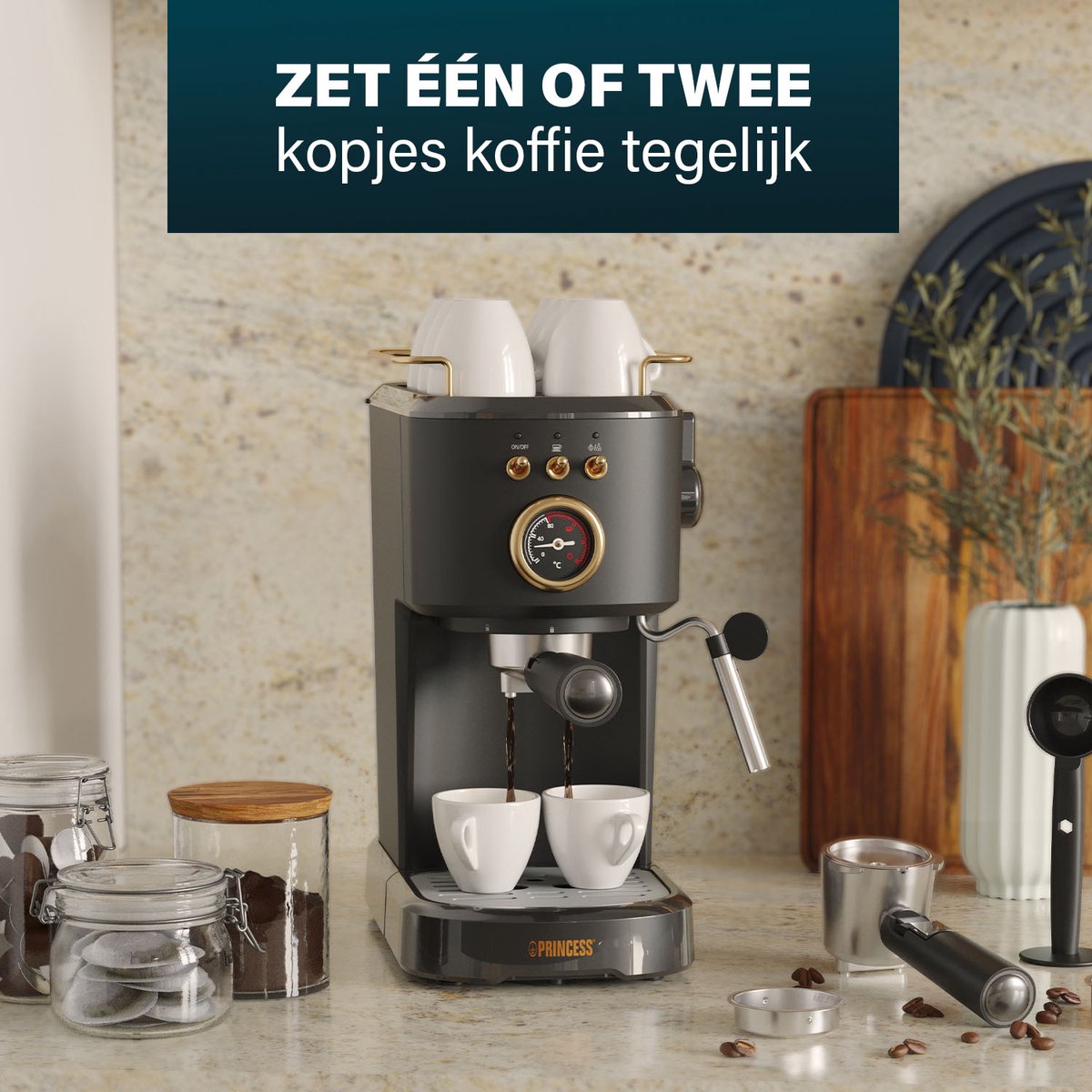 Princess 249417 Espressomachine – 20 Bar – Geschikt voor Gemalen Koffie, Pads & Cups – Met Melkopschuimer – 1,2L Watertank – 2 Kopjes Tegelijk – Kopjesverwarmer – Zwart – Cappuccino & Latte Machine — afbeelding 7