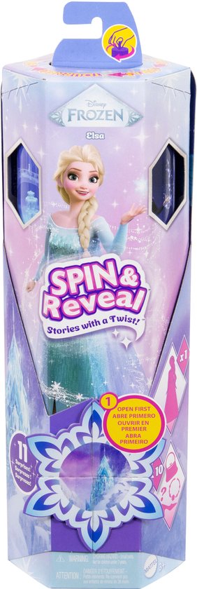 Verpakking van de Disney Frozen spin & reveal Elsa pop met afbeeldingen van Elsa.