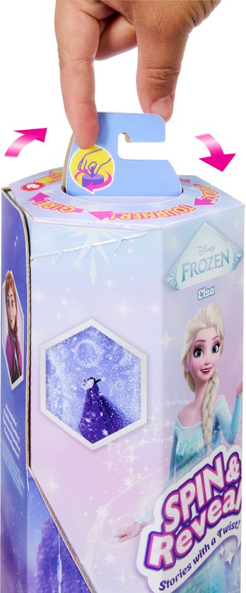 Doos van de Disney Frozen spin & reveal Elsa pop. Kind opent de doos.